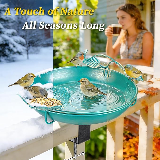 Mellbree Bird Bath Deck Mounted 12", Balcony Fence Railing Clamp Birdbath with Perch & Feeder Bowl Metal Lake Blue with Gold Gilding, Detachable Multi-Functional Balcony Railing Bird Bath