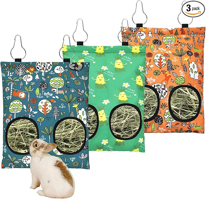 3 Pcs Rabbit Hay Feeder Bag, 2-Hole Hanging Hay Feeder Guinea Pig Hay Bags Washable Bunny Hay Bag for Rabbits Chinchillas Hamsters Small Pets and Animal (11.8"×8.7")