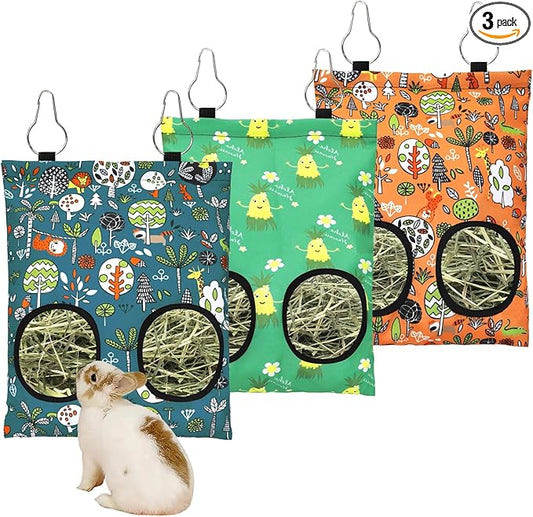 3 Pcs Rabbit Hay Feeder Bag, 2-Hole Hanging Hay Feeder Guinea Pig Hay Bags Washable Bunny Hay Bag for Rabbits Chinchillas Hamsters Small Pets and Animal (11.8"×8.7")