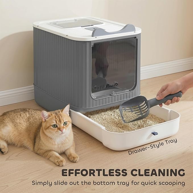 PawHut Cat Litter Box with Lid, Enclosed Litter Box for Medium Cats, Front-Entry and Top-Exit, Scoop, Deodorizer Bag, Easy Clean & Non-Sticky, Anti-Leakage, White