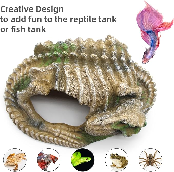 Reptile Hide Skull Animal Skeletons Decorations, Aquarium Hideaway Cave Fish Tank Decorations for Amphibians, Betta Fish, Shrimp, Lizards, Leopard Gecko