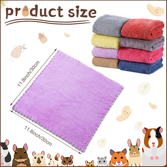 Buryeah 8 Piece Multi Animal Cage Liners Fleece Bedding Mats Warm Towels for Hamsters Rabbits Ferrets Hedgehogs by Guinea Pig Blankets (Multicolor, 11.8 x 11.8 Inch)
