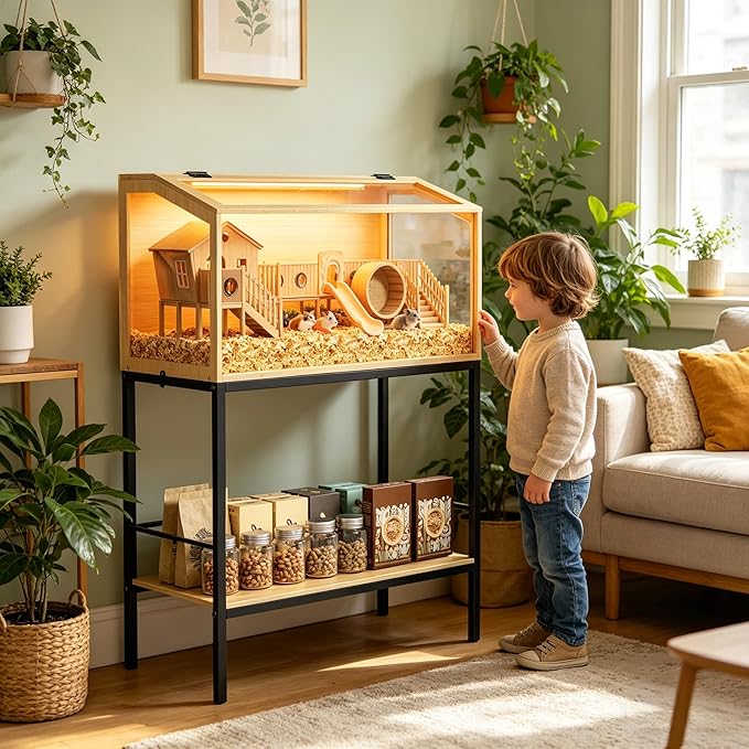 Hamster Cage: Wooden Small Animal Cage with Warm Light and Storage Shelf - 32” Large Clear Hamster House Chewy Proof with Openable Breathable Top