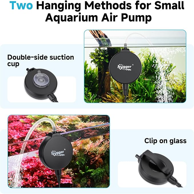 hygger 1.5 Watt Mini Aquarium Air Pump, Quiet Aerator with Air Stone Tubing Suction Cup Clip, Small Fish Tank Bubbler Oxygen Pump for 1 to 15 Gallon Betta Tank, Fish Bowl, Desk Small Tank