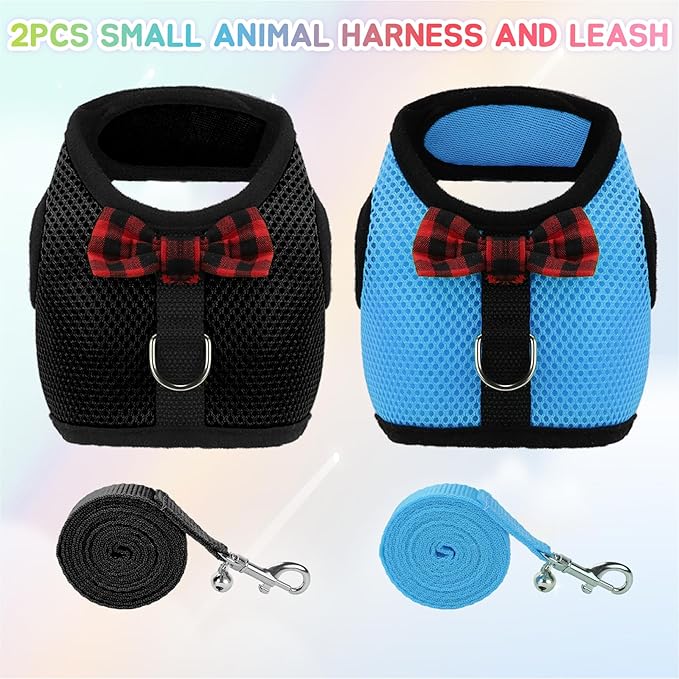 Rypet Small Animal Harness and Leash - Soft Mesh Pet Harness with Safe Bell, No Pull Comfort Padded Vest for Small Pet Black + Blue S
