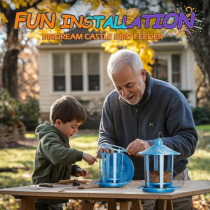 Birdream Bird Feeders for Outdoor Hanging, Assembly Required, 1-Min Easy Setup, Charming Castle Design, Attracting Cardinals Chickadees Goldfinches & Sparrows - Blue