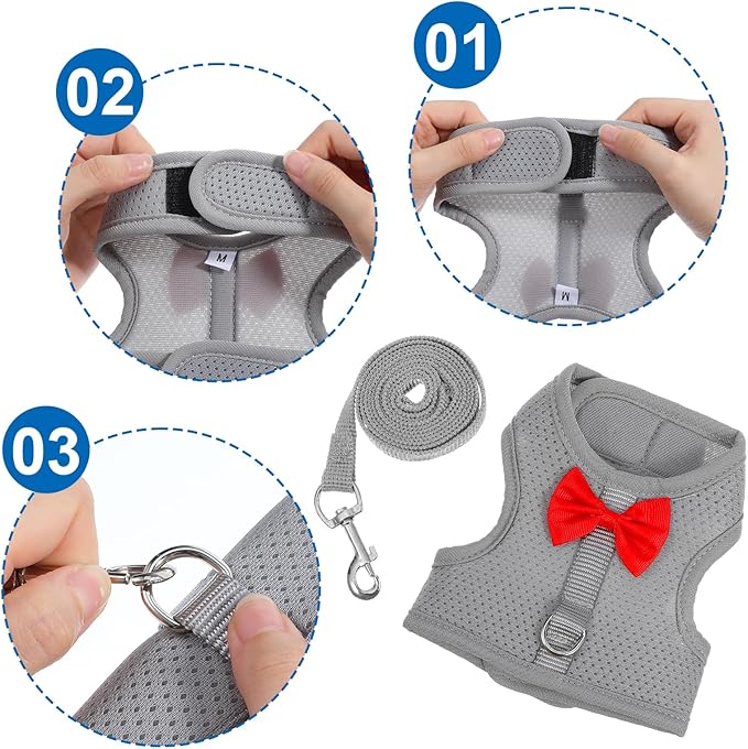 Rabbit Harness and Leash Set,Bunny Leash for Walking Escape Proof,Bunny Clothes with Cute Bow Mesh Breathable Adjustable Vest Rabbit Harness Camping Hiking Training for Ferret Kitten Puppy (Grey M)