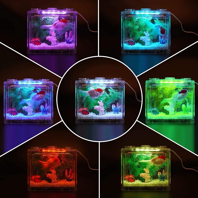 Oltraman Small Betta Fish Tank, Aquarium Tank Kit with LED Lighting, 0.6 Gallon Stackable Fighting Fish Tank Set, Fish Bowl Accessories for Turtle Reptile Shrimp Crab Insects as Decoration