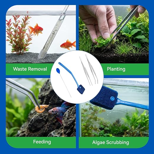 6 Pcs Aquarium Gravel Cleaner Tool Set, 15In Fish Tank Cleaner Kit with 12In Siphon Pipes, 1 Straight tweezer & Curved tweezer, Gravel Vacuum for Aquarium, Fish Tank Accessories and Aquarium Tools