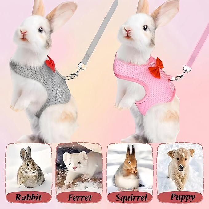 2 Pack Adjustable Bunny Rabbit Harness and Leash Set Breathable Mesh Vest Harness for Rabbits Kitten Ferret Puppy Small Pets Walking Supplies-Grey&Pink,M