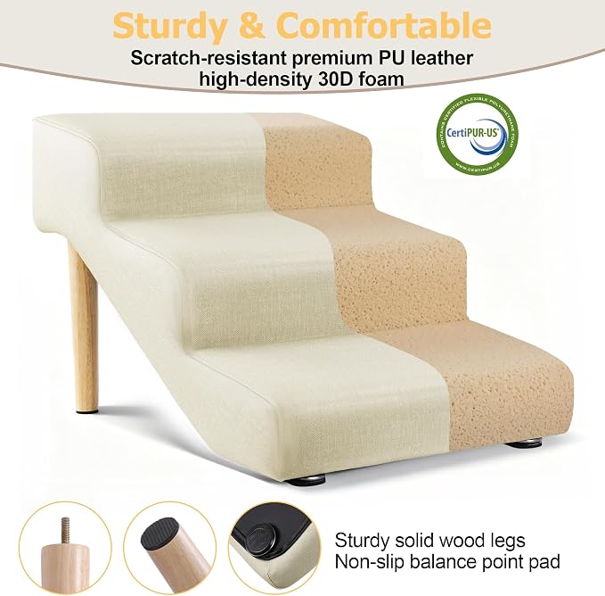 3-Step 15.7" H Dog Stairs for Bed Couch, Waterproof & Scratch PU Leather Pet Steps for Small Dogs and Cats, Dog Ramp with 220 lbs Maximum, Oak Leg & Solid Wood, Non-Slip Feet,Cream