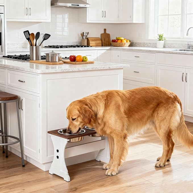 Piskyet Elevated Dog Bowls,Farmhouse Dog Bowls Stand, Raised Dog Bowl with 2 Stainless Steel Wooden Dogs Bowls 9 Cups 13.8''H_80 oz Bowl-Farmhouse Style