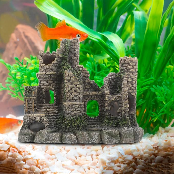 Resin Aquarium Castle Ornament Realistic Hideout Decor for Fish Tanks | Breeding Cave Shelter, Layered Landscape Accent, Sturdy Construction for Aquarium Styling and Reptile Setups