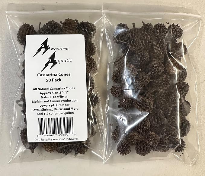 Awesome Aquatic 50 Casuarina Cones, Blackwater, Betta Shrimp Habitat | Larger than Alder Botanicals Natural tannins Blackwater habitat Leaf litter Longer lasting biofilm Natural décor Easy to use