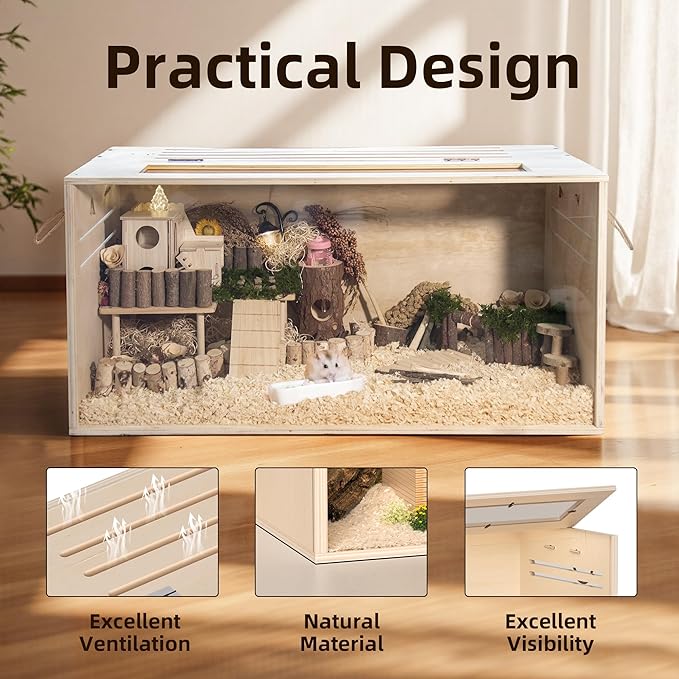 Hamster Cage Chewproof, 32" Wooden Guinea Pig Cage for Small Animals, Openable Top with Easy View Acrylic Panels for Hamster, Rabbit, Guinea Pig, Hedgehog(32" L x 15.7" W x 15.7" H)