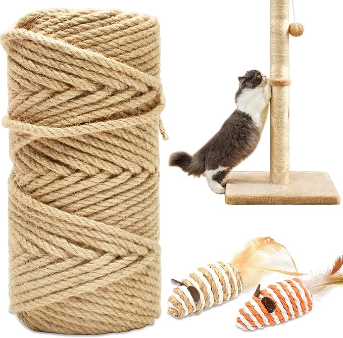 164FT/50M Cat Scratching Sisal Rope, 6mm 1/4 inch Thick Natural Jute Rope for Scratch Posts, Cat Trees, DIY Projects, Sisal Rope for Cat Scratcher with 2 Cat Mouse Toys (Natural, 164ft)