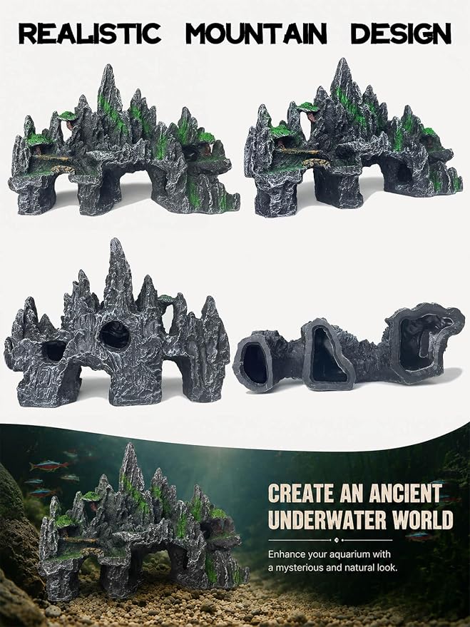 Aquarium Decor - Large Mountain Rock Cave for Fish Tank, Aquarium Hideout Ornament with Rock Texture for Betta, Guppy, Shrimp - Aquatic Hide Decoration, Fish Hiding House（Black）
