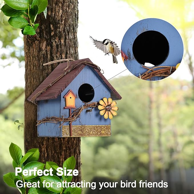 Hanging Bird Houses for Outside Decorative Birdhouse, Garden Bird Feeders for Outdoors, Blue Wooden Bird Nest Box for Wren Finchs Hummingbird Cardinal Bluebird Wild Birds, Gift for Bird Lovers