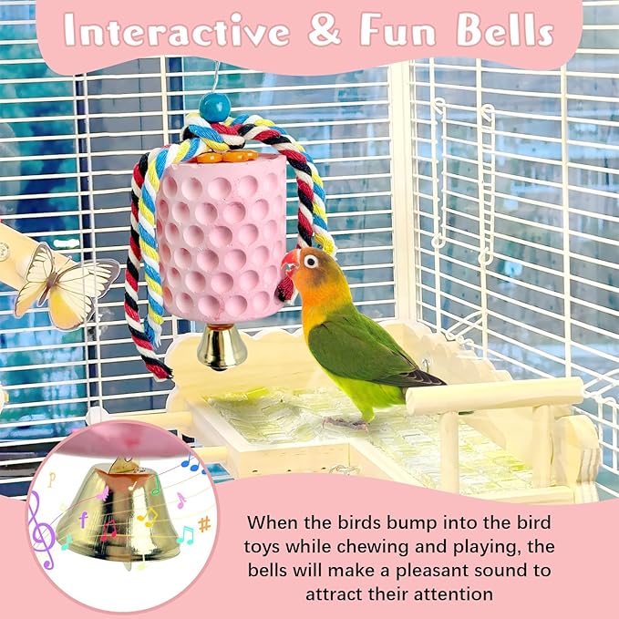 PINVNBY Bird Chewing Toys 2Pcs Bird Beak Grinding Stone Lava Calcium Block with Bell Hanging Parrot Chewing Toy Cage Accessories for Parakeets Conures Cockatiels Budgies Lovebirds