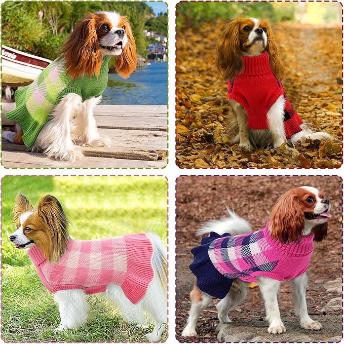 Dog Sweater Dress Plaid Knitwear for Small Medium Dogs Warm Puppy Pet Turtleneck Stretch Pullover Cute Fall Winter Vest Clothes with Leash Hole for Christmas (Navy, 2XL)