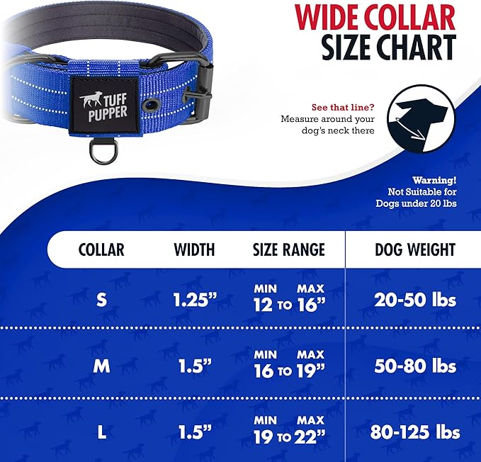 Tuff Pupper Heavy Duty Tactical Dog Collar | 1.25" Wide Ballistic Nylon | Reflective Stitching | Integrated ID Tag Holder | Stainless Steel Buckle | Padded Lining | Small & Medium Dogs (Blue, Small)