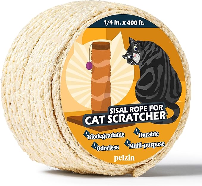Pelzin Natural Sisal Rope for Cat Scratcher 1/4 Inch by 400 Feet, Cat Tree Rope Twine for Cat Scratching Post Replacement, Cat Tower with Scratch Post Repairing, Replace, Recovering and DIY, White