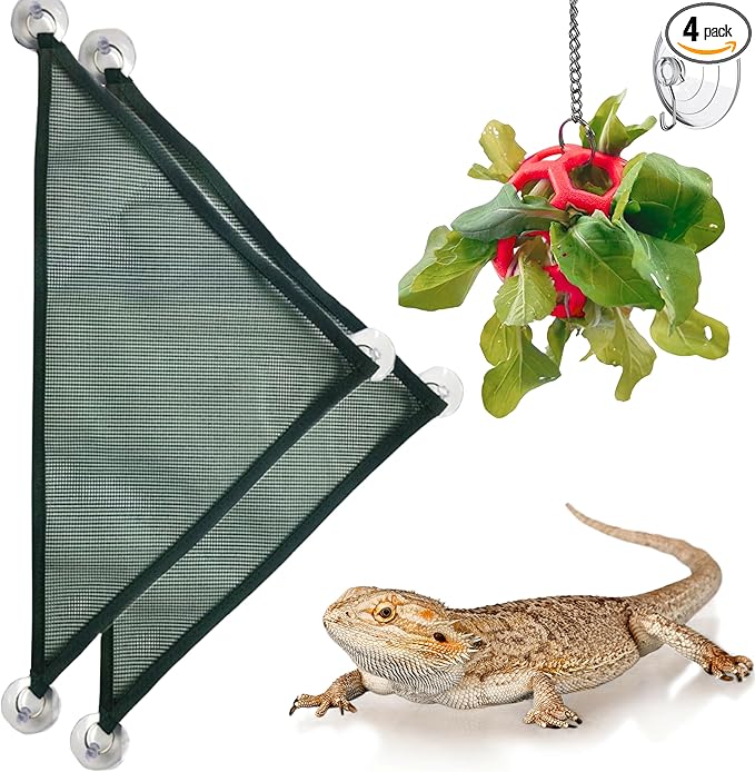 Bearded Dragon Reptile Hammock Enrichment Cage Accessories, Bearded Dragon Feeder Ball and Breathable Mesh Hammock, Lizard Hammocks Lounger Bed Rest and Feed Toy, Reptile Tank Accessories (Red)