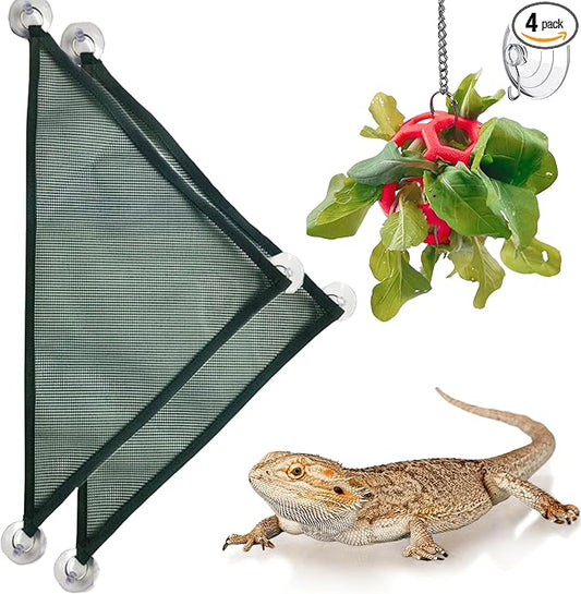 Bearded Dragon Reptile Hammock Enrichment Cage Accessories, Bearded Dragon Feeder Ball and Breathable Mesh Hammock, Lizard Hammocks Lounger Bed Rest and Feed Toy, Reptile Tank Accessories (Red)