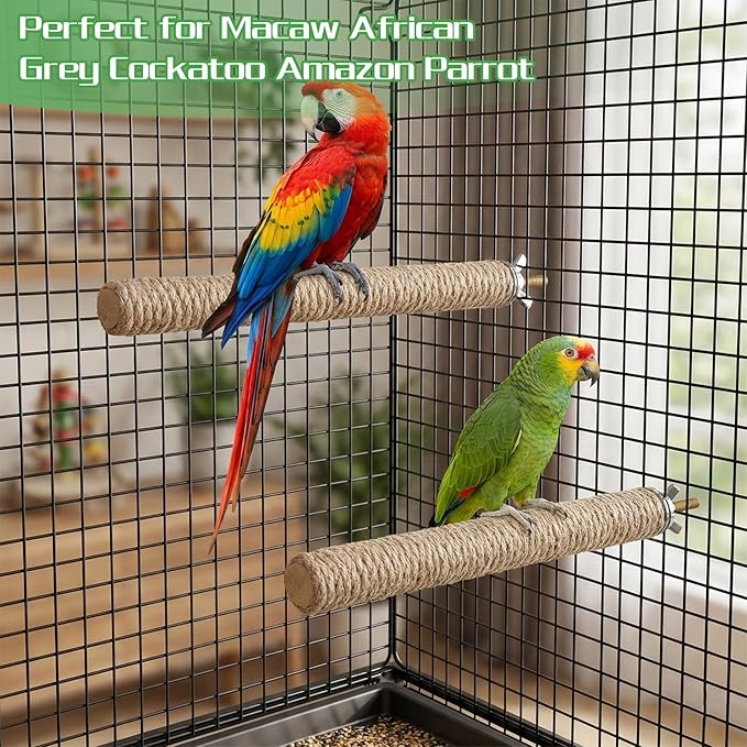2 PCS Bird Toys for Parakeets Bird Perches Natural Bird-Perches with Rope Wood Parrot Perch Stand Rope Perches for Bird-Cages Accessories for Parakeet Cockatiel Budgie Conures Lovebirds