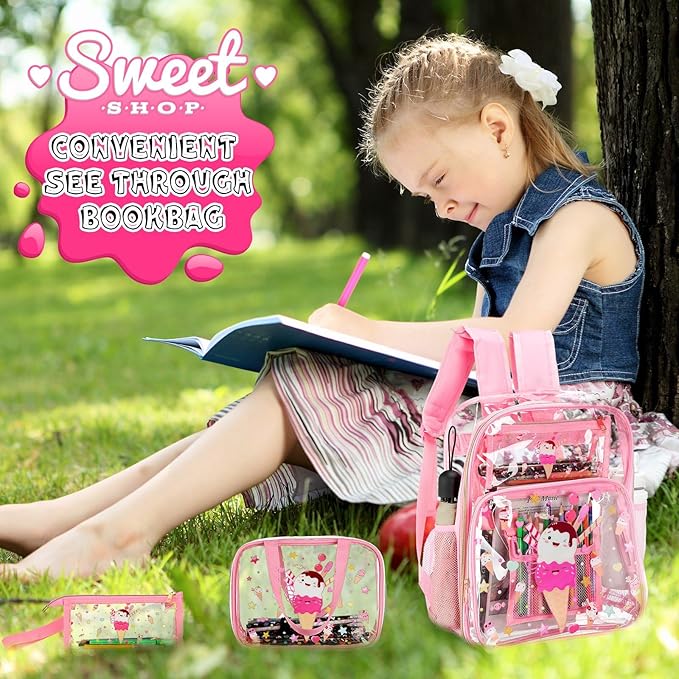 Kacctyen 3 Pcs Clear Backpack Heavy Duty Clear Stadium Bag Transparent Backpack with Lunch Bag(Pink,Ice Cream)