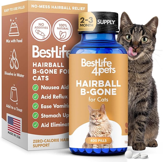 Hairball Treatment for Cats & Stomach Comfort Remedy – Supports Digestive Balance, Natural Elimination & Easy Passage of Hair – Gentle Daily Formula for Adult Cats & Seniors – 400 Tiny Pills