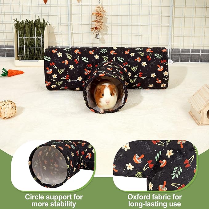 Bienbee Guinea Pig Tunnel, 3 Way Washable Guinea Pig Hideout,Foldable Rabbit Tunnel Guinea Pigs Toys for Bunny Hamster Chinchilla Ferret Rabbit Guinea Pigs Accessories Black Mushroom