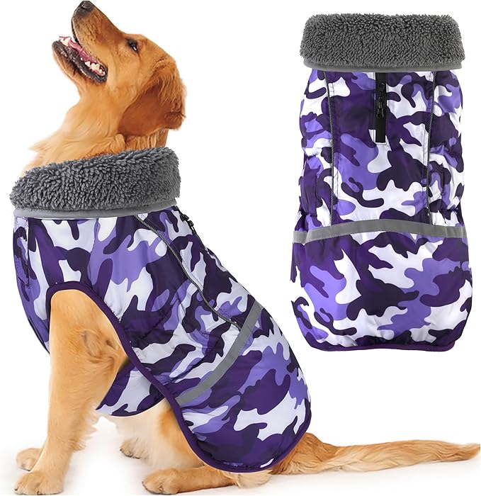 Dogcheer Warm Dog Coat, Waterproof Dog Jacket Christmas Puppy Winter Coat with Buckle, Reflective Adjustable Pet Snow Jacket Turtleneck Fleece Sweater for Small Medium Large Dogs - Camo Purple, XL