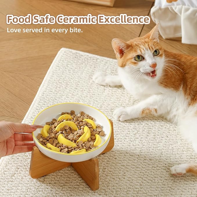 Elevated Slow Feeder Cat Bowl - Ceramic Cat Food Plate with Anti-Slip Bamboo Stand - Whisker Friendly Feeding Bowl - Shallow Maze Dish for Slow Eating - Yellow