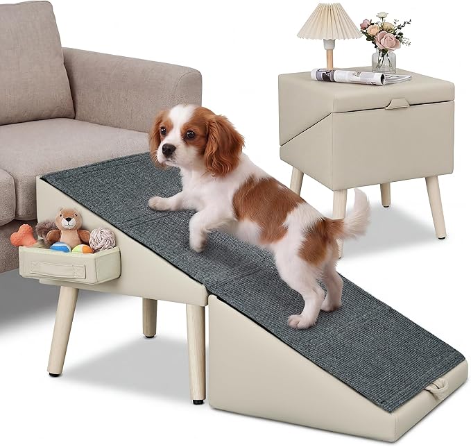 Dog Ramp for Couch and Bed, 17" H Stairs for Small to Medium Dogs and Cats Foldable Steps for Pets to Get on High Bed, Non-Slip Sturdy Ottoman Ramp with Storage Drawer, Beige