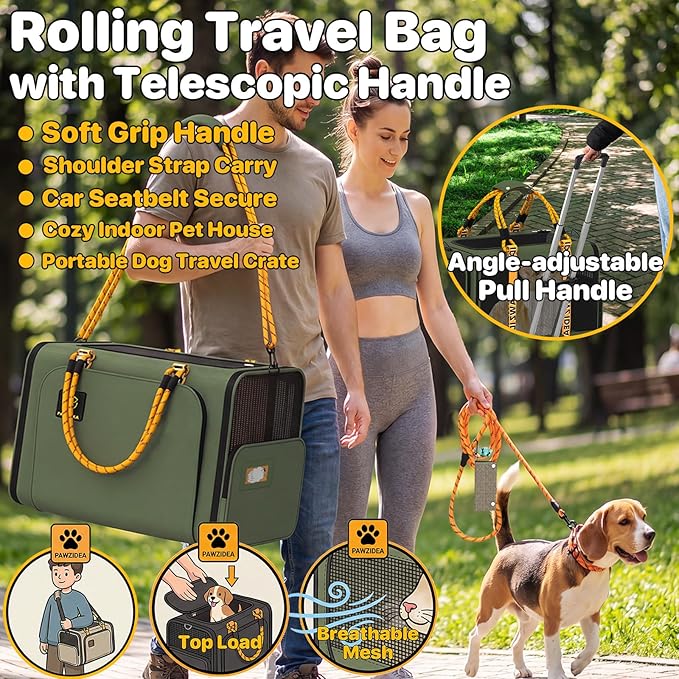PAWZIDEA Expandable Large Pet Carrier with Wheels, 24x16x16 in Rolling Cat Carrier for 2–4 Cats up 55lb, Soft-Sided Collapsible Small Medium Dog Crate for Car Travel, Telescopic Handle, Storage Pocket