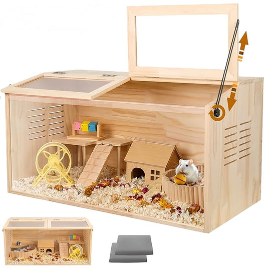 Wooden Hamster Cage,48" Lx20 Wx20 H，Animal Cabinet for Dwarf Syrian Hamsters Degus, Hamster Habitat with Openable Top and Large Acrylic Sheets.