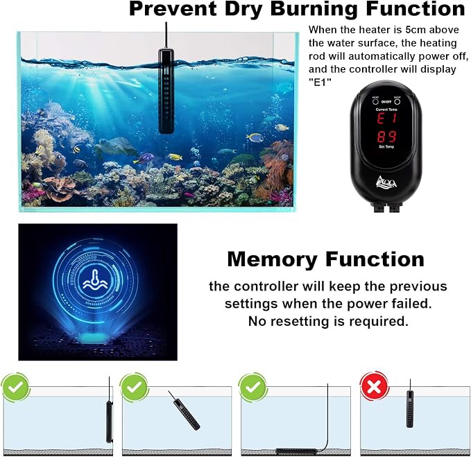 AQQA Submersible Aquarium Heater,100W/200W/300W/500W/800W/1000W/1200W | Fish Tank Heater,External Temperature Controller LED Temperature Display,Suitable for Saltwater and Freshwater(200W)