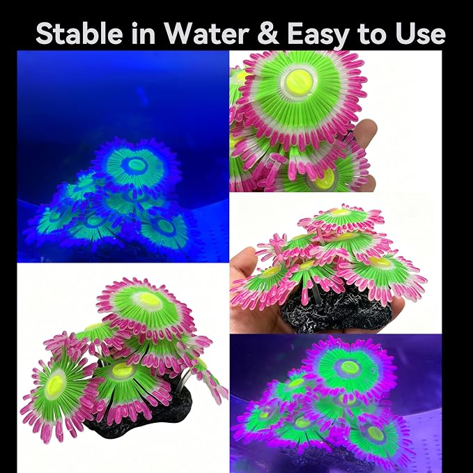 ZtohPyo Glow Fish Tank Decorations, Soft Silicone Coral for Small Aquariums | Soft, fin-friendly neon pink and green silicone coral glows under blue or purple light; its 5.5 oz weighted base stays put.