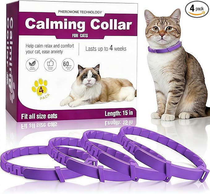 Calming Collar for Cats, Pheromone Infused for Anxiety Relief & Stress, Adjustable & Waterproof, 4 Pack(Purple)