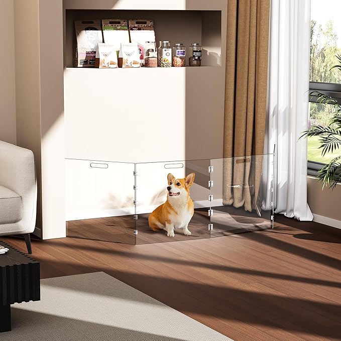 Clear Acrylic Dog Gate, Freestanding Pet Gate for Doorways Indoor, Foldable Acrylic Dog Playpen No Drilling (Clear, 4-Panel)