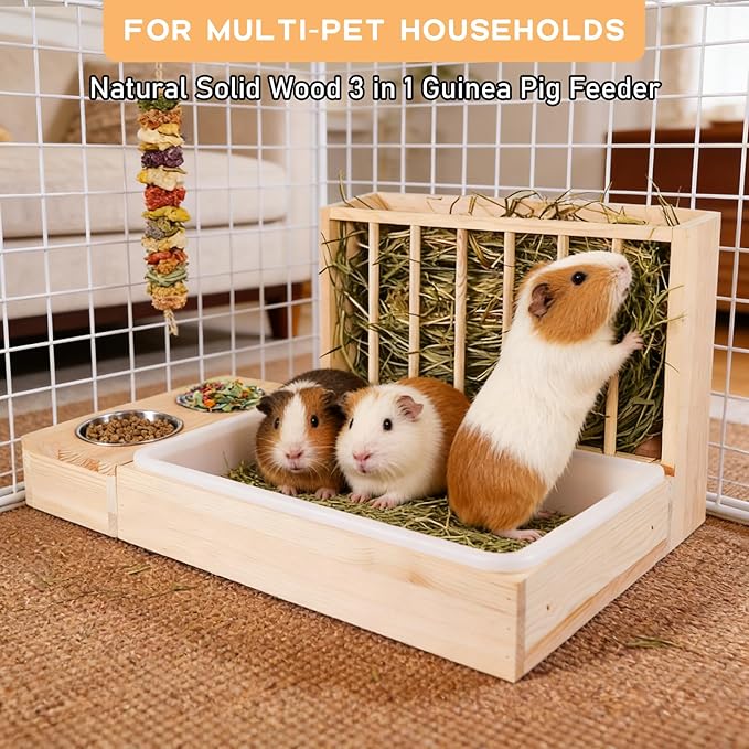 3 in 1 Wooden Guinea Pig Hay Feeder Mess Proof with Litter Box, for Guinea Pig, Chinchillas, and Other Small Animals