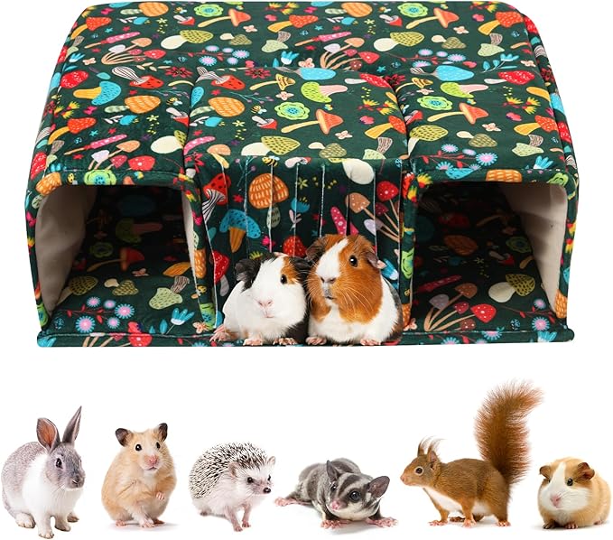 Guinea Pig Hideout with Tunnels, Toys & Cozy House - Soft Large Bed for Small Pets - Blackish Green Mushroom