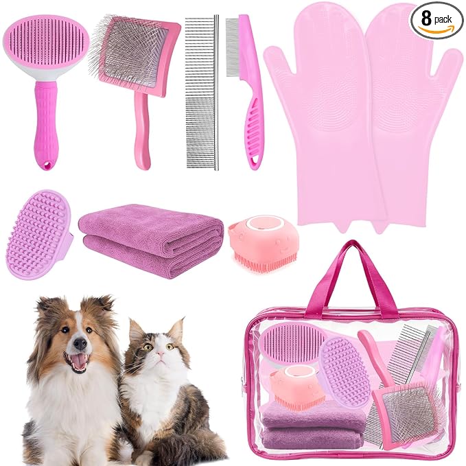 8PCS Dog Slicker Brush for Dogs Grooming Kit,Bath Grooming Kit for Pets,Hair Brush Set with Towel,Washing Gloves,Slicker Comb,and Shampoo Scrubber Brush for Small and Large Dogs and Cats Cats(Pink)