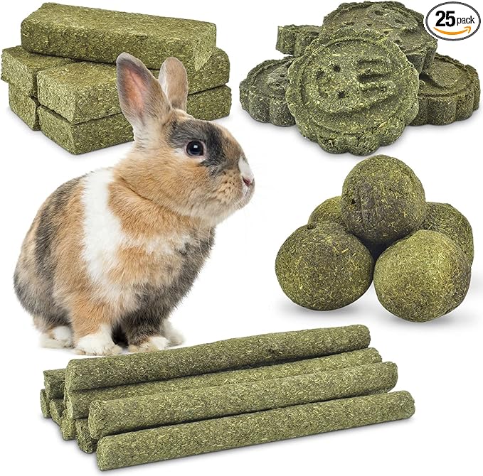 ERKOON 25Pcs Bunny Chew Toys, 100% Natural Timothy Hay Biscuit&Treats Sticks, Chew Toy for Teeth for Rabbit Chinchilla Guinea Pig Hamster Gerbil Squirrel, 8.5oz
