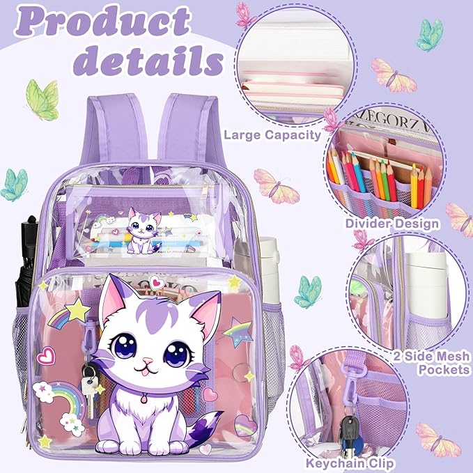Kacctyen 3 Pcs Clear Backpack Heavy Duty Clear Stadium Bag Transparent Backpack with Lunch Bag(Purple,Cat)