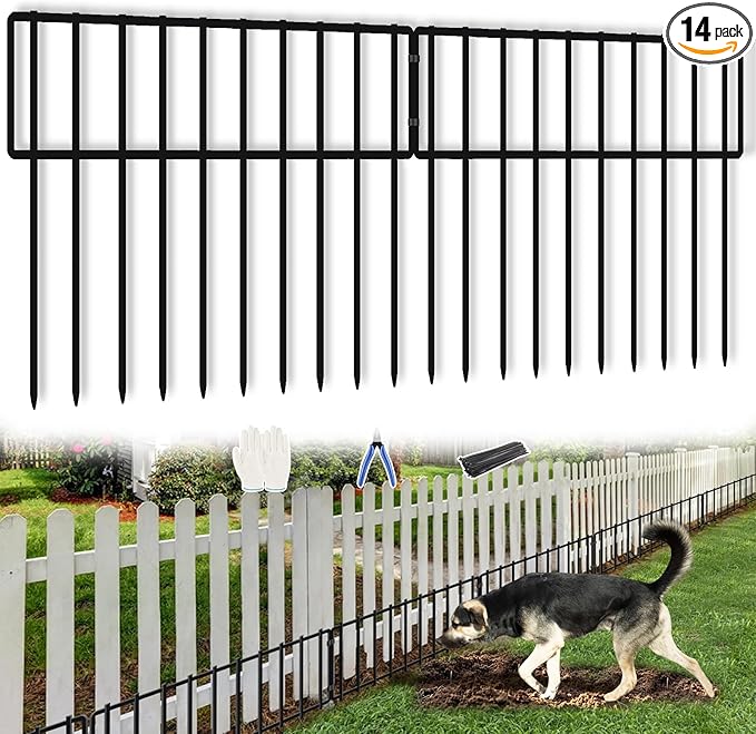 19.83ft(L) X 13inch(H) No Dig Fence, 14 Panels Animal Barrier Fences Rustproof Metal Bottom Fencing Border, Rabbits Dog Digging Blockers Ground Stakes Defense for Outdoor Landscape Patio