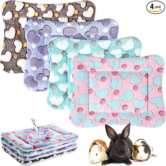 Haull 4 Pcs Waterproof Guinea Pig Bedding Guinea Pig Bed Plush Cage Liners Soft Rabbit Dog Crate Pad Cat Mat Reversible Cozy Animal Pee Pad Hamster Bunny Mat Accessory(Heart,13 x 10 Inch)