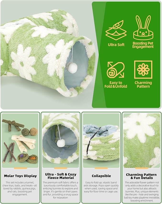 Bunny Tunnels & Tubes Collapsible 3 Way Rabbit Hideout with 13pcs Toys for Bunny Guinea Pig Hamster Chinchilla Hedgehog Rat Ferret Kitten (Flannel Flower)