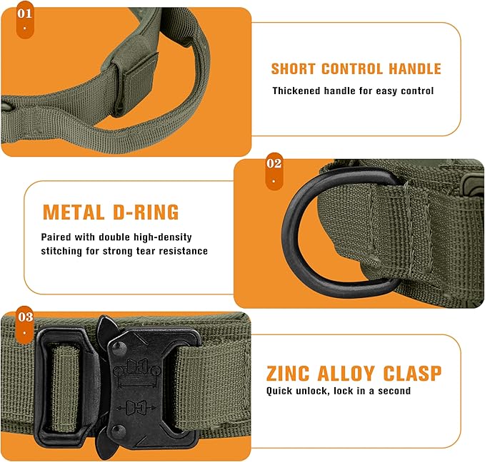 HYDEME Tactical Dog Collar Adjustable Nylon Collar with Control Handle and Heavy Metal Buckle for Medium and Large Dogs, with Patches&Airtags Case&Poop Bag Dispenser&Portable Bowl. (XL, Green)